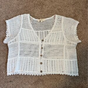 Rebellion White Crochet Button-Up Crop Top Size Medium